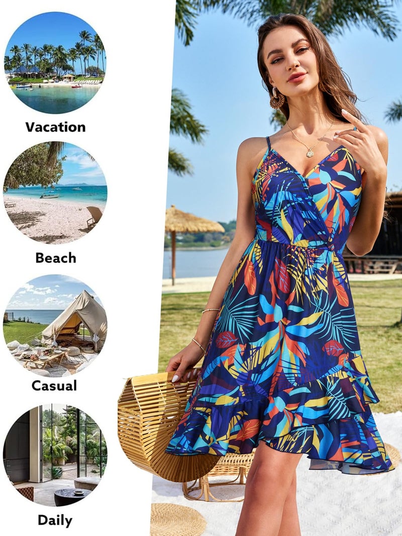 ULTRANICE Women's Summer Beach Dresses Casual Sundress Spring Trendy Floral Flowy Faux Wrap Midi Beach Vacation Outfits Clothes V-Neck Spaghetti Strap Dress(Blue Multicolored Floral,S) - Image 3